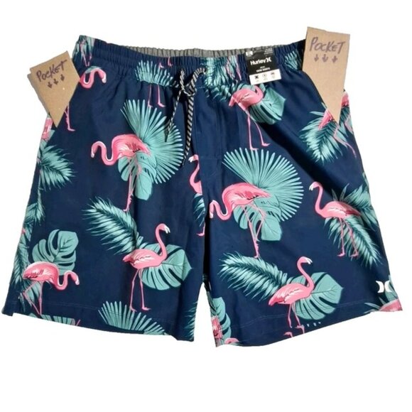 Hurley XL Men's Elastic Waist Dark Blue/Pink Flamingo Swim Trunks Stretch Volley - Picture 5 of 13